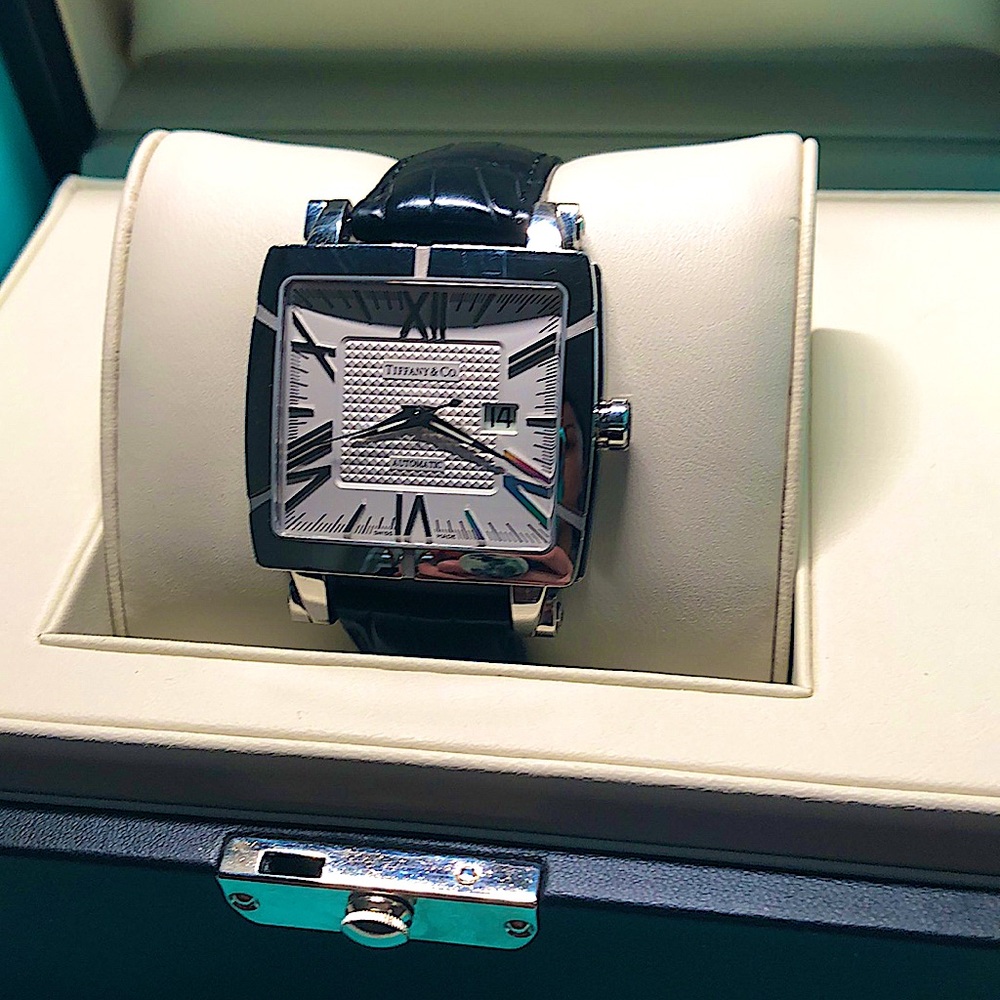 Tiffany & Co. Genuine Alligator & Stainless Steel Black Atlas Watch Gyromatic - Picture 2 of 16